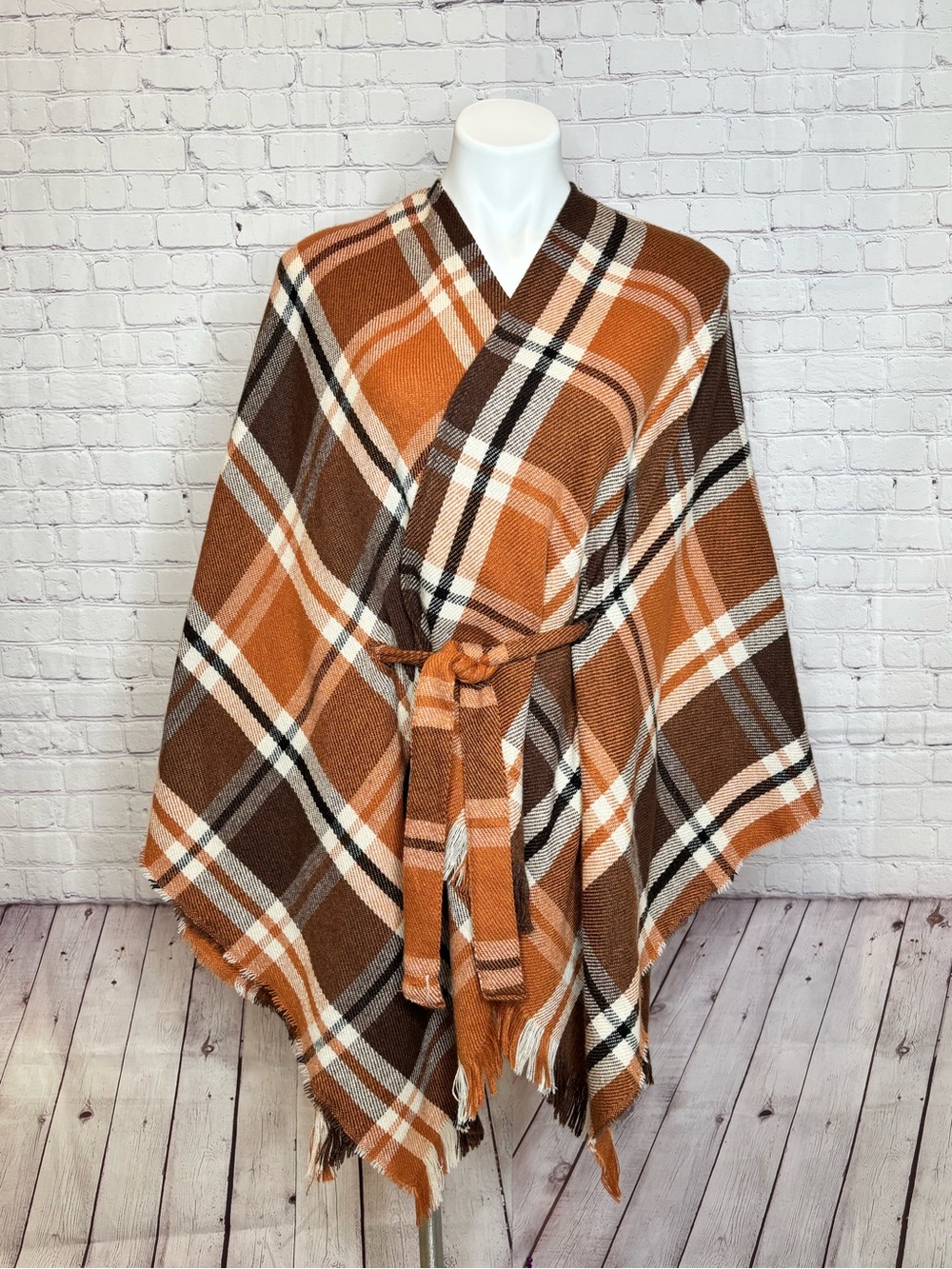 LOFT Plaid Wrap Poncho Shawl in Orange, Brown and Cream with Belt Size XS/S